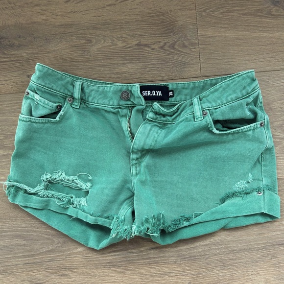 SER.O.YA Lex Distress Jean Shorts Vintage Jade Green SIZE 26 - Picture 3 of 13